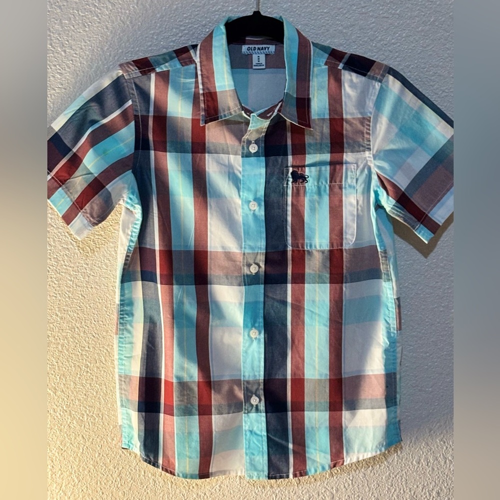 OLD NAVY | Boys (M) | Short Sleeve | Buttom Down | Plaid/ Striped | Blue Shirt |